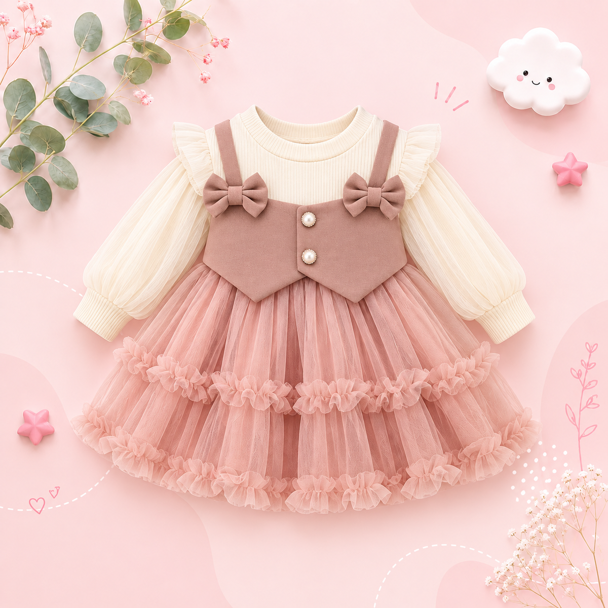 The Daniella - Baby Girl Pink Solid Color Chiffon Princess Dress + Sweet Bow