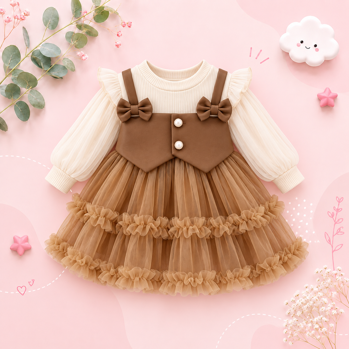 The Daniella - Baby Girl Brown Solid Color Chiffon Princess Dress + Sweet Bow