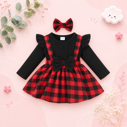 The Felicity - Baby Girl Dress With Small Fly Sleeve Checkered Dress and Bow Headband