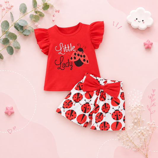 The Lena - Baby Girl Ladybug Sleeveless T-Shirt + Causal Shorts