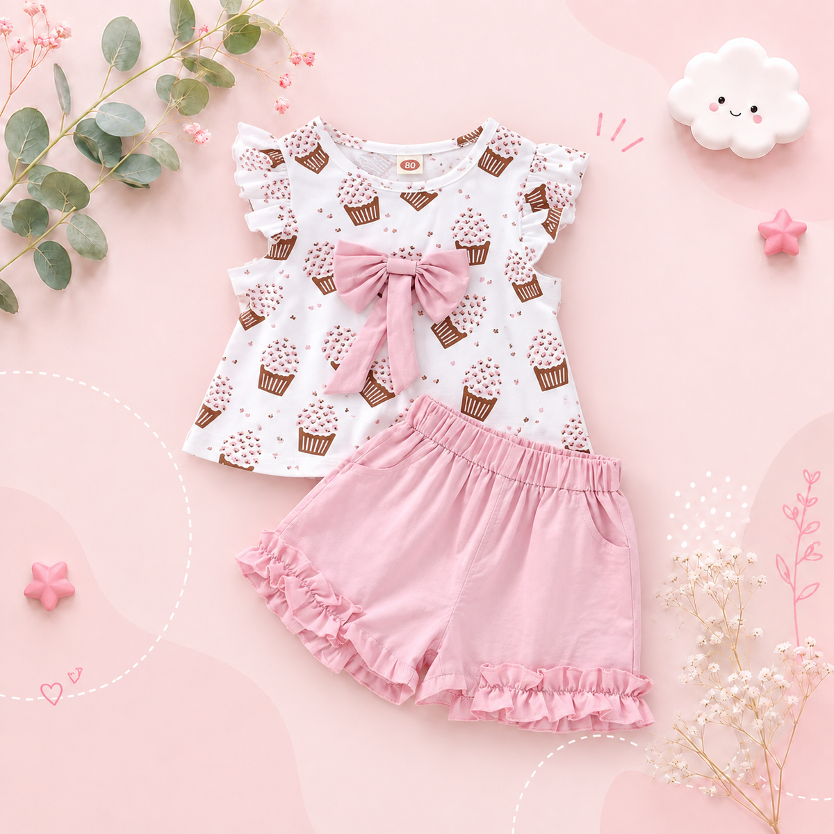 The Katherine - Baby Girl Sleeveless Ice Cream Bow Top T-shirt + Pants