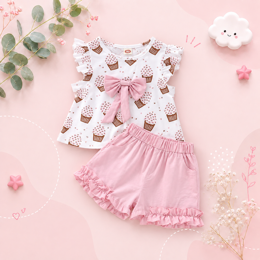 The Katherine - Baby Girl Sleeveless Ice Cream Bow Top T-shirt + Pants