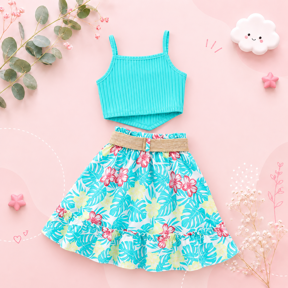 The Freya - Baby Girl Blue Halter Top & Printed Skirt Belt Casual Dress