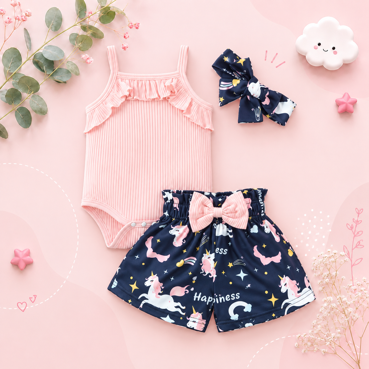 The Emersyn - Baby Girl Pink Cotton Suspender + Digital Printed Bow & Shorts