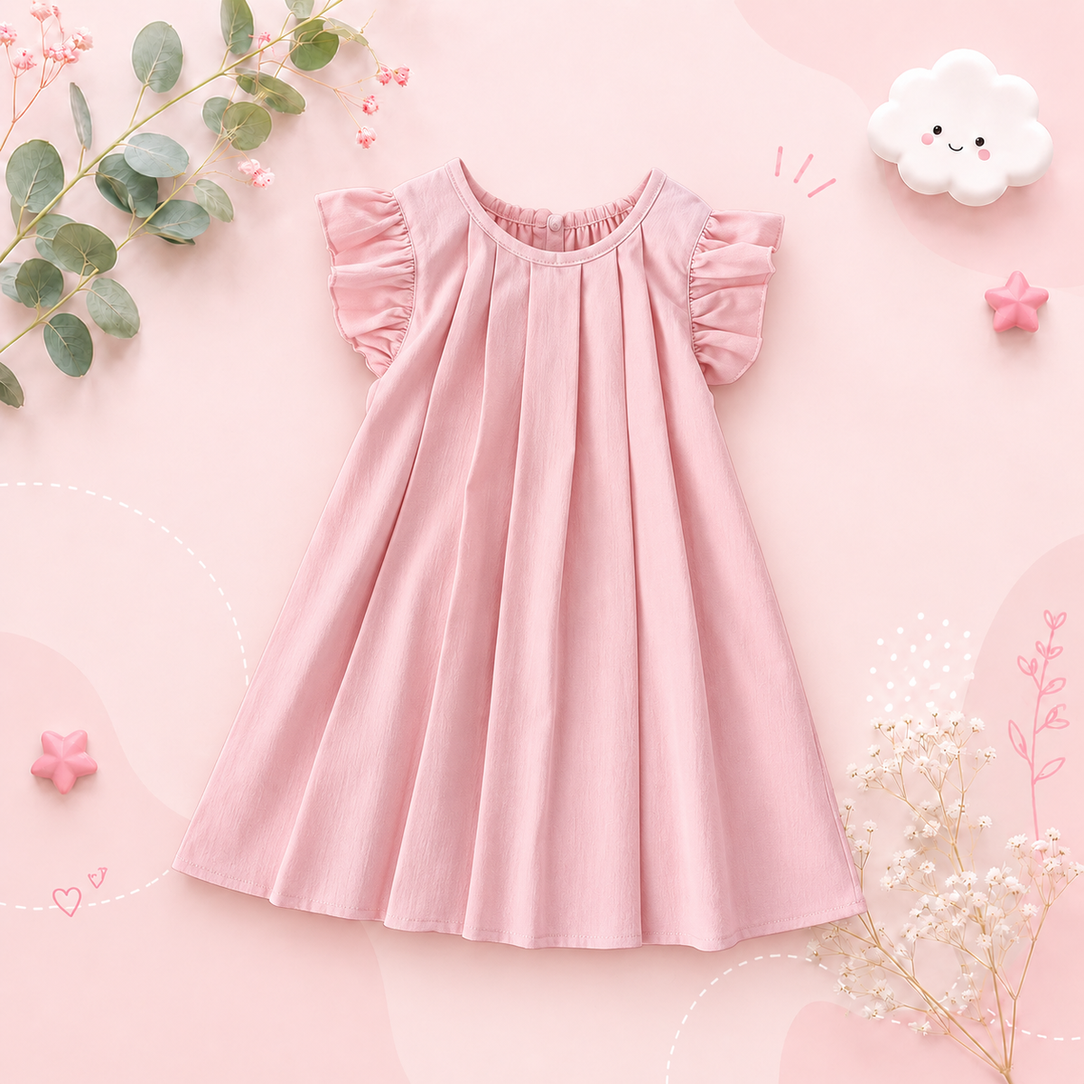 The Nevaeh - Baby Girl Round Neck Summer Solid Color Flying Sleeve Pleated Dress