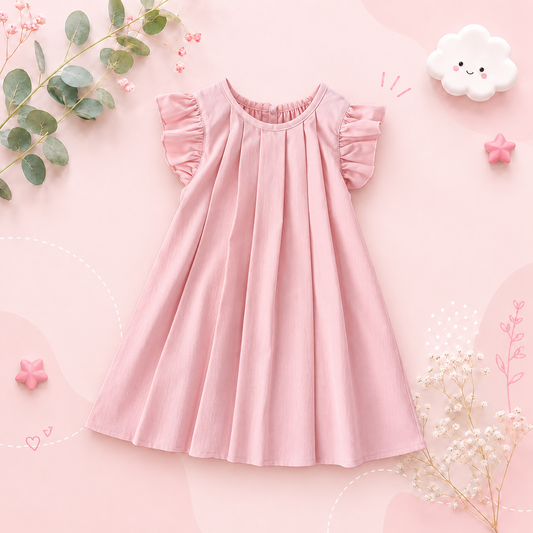 The Nevaeh - Baby Girl Round Neck Summer Solid Color Flying Sleeve Pleated Dress