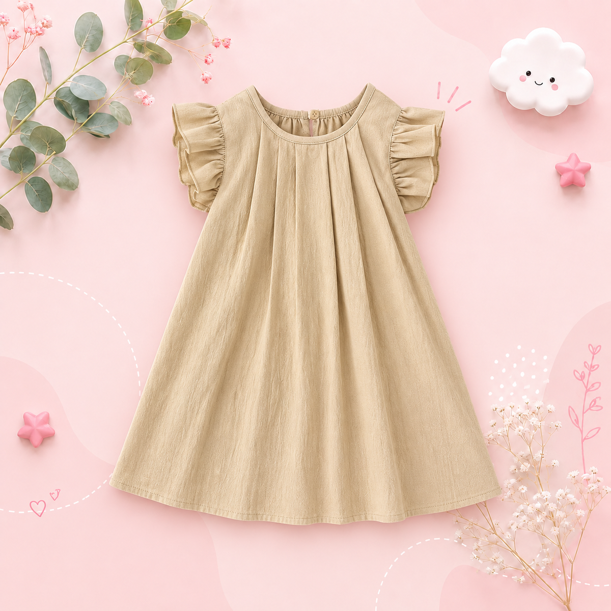 The Nevaeh - Baby Girl Round Neck Summer Solid Color Flying Sleeve Pleated Dress
