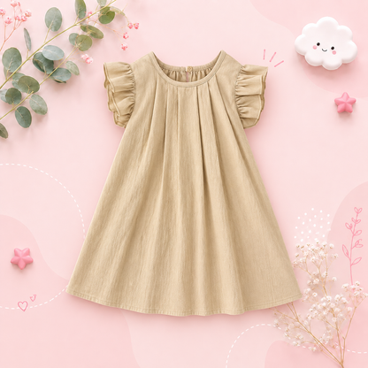 The Nevaeh - Baby Girl Round Neck Summer Solid Color Flying Sleeve Pleated Dress