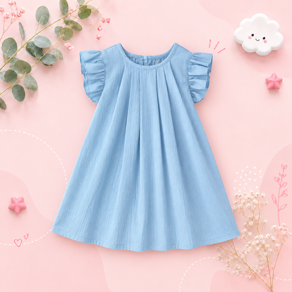 The Nevaeh - Baby Girl Round Neck Summer Solid Color Flying Sleeve Pleated Dress