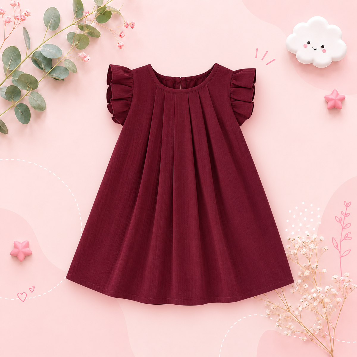The Nevaeh - Baby Girl Round Neck Summer Solid Color Flying Sleeve Pleated Dress