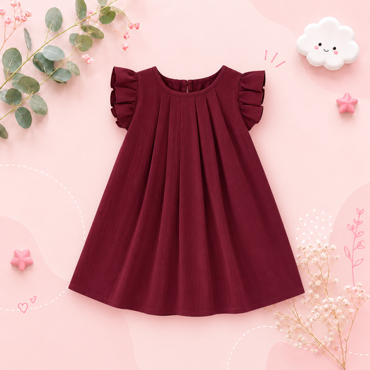 The Nevaeh - Baby Girl Round Neck Summer Solid Color Flying Sleeve Pleated Dress
