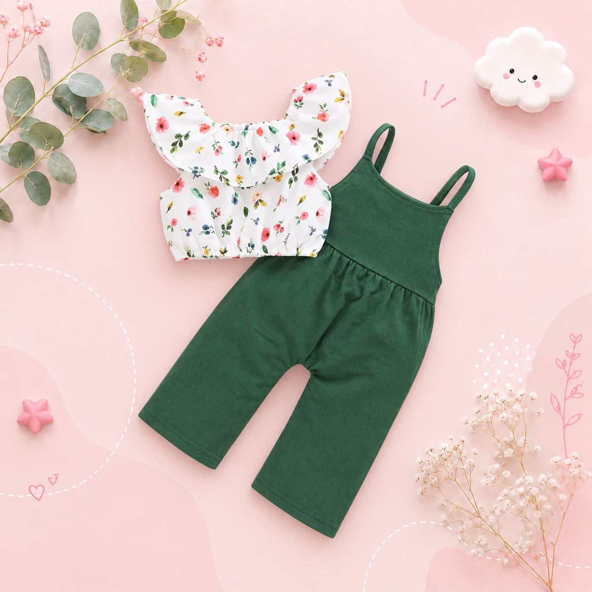 The Isla - Baby Girl Lotus Leaf Short Top + Suspender Pant