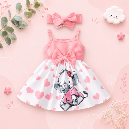 The Averie - Baby Girl Summer Heart Elephant Print Suspender Dress Cute Toddler Outfit