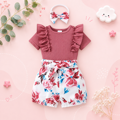 The Nia - Baby Girl Red Ribbed Top Rose Print Shorts & Scrunchie 3PC Summer Outfit