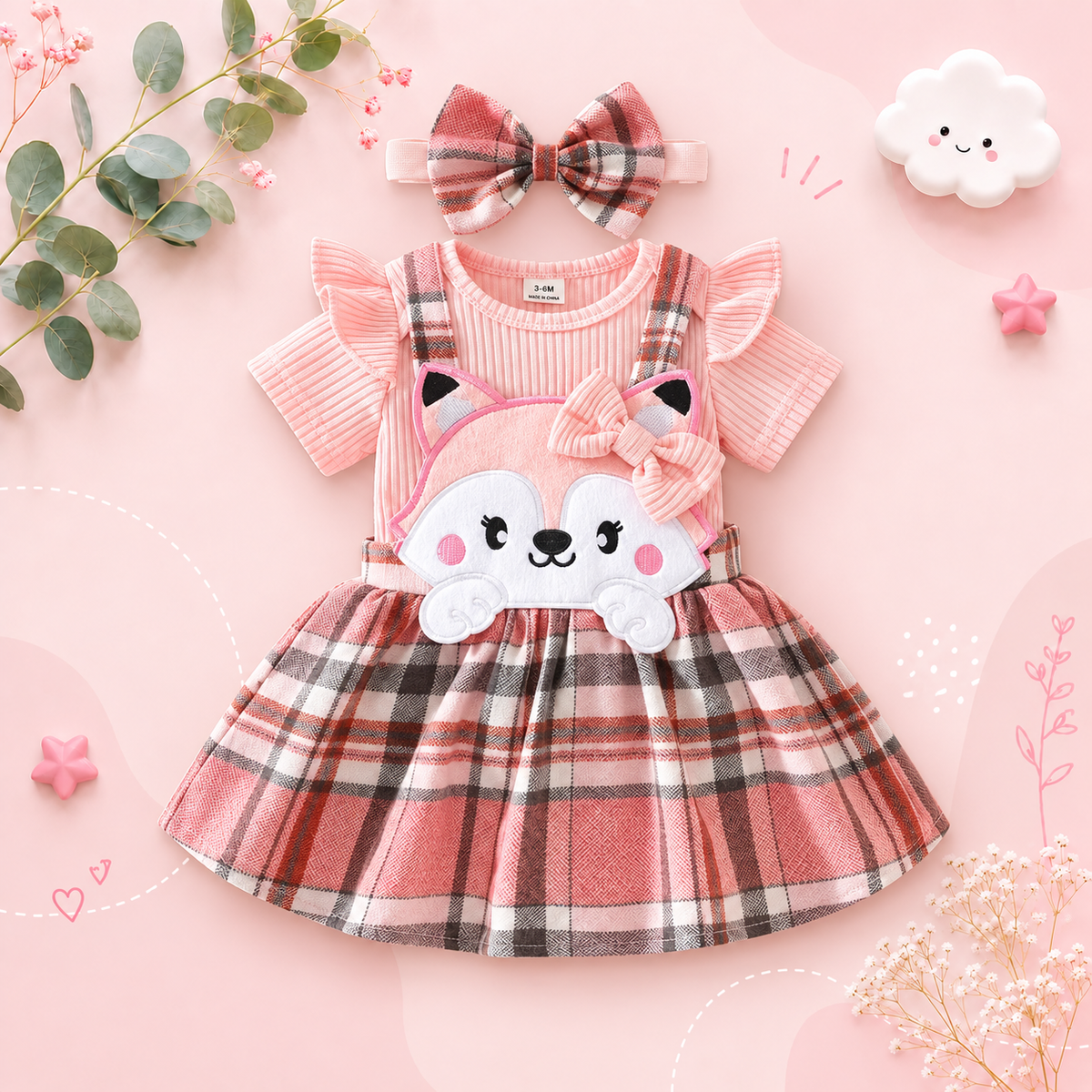 The Merritt - Newborn Girl Cartoon Romper Plaid Strap Skirt & Headband Cute Summer Outfit