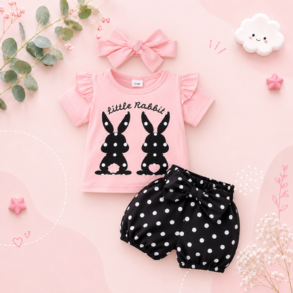 The Angie - Baby Girl 3PC Rabbit Print T-Shirt Polka Dot Shorts & Headband Outfit