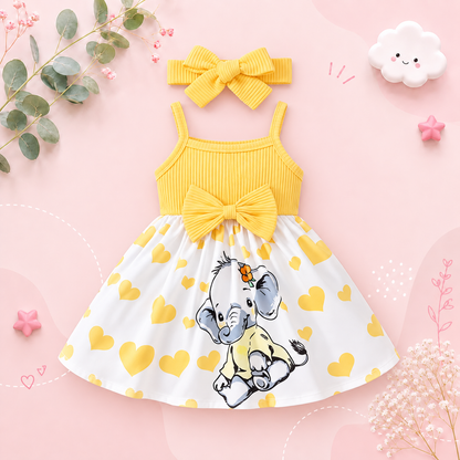 The Averie - Baby Girl Summer Heart Elephant Print Suspender Dress Cute Toddler Outfit
