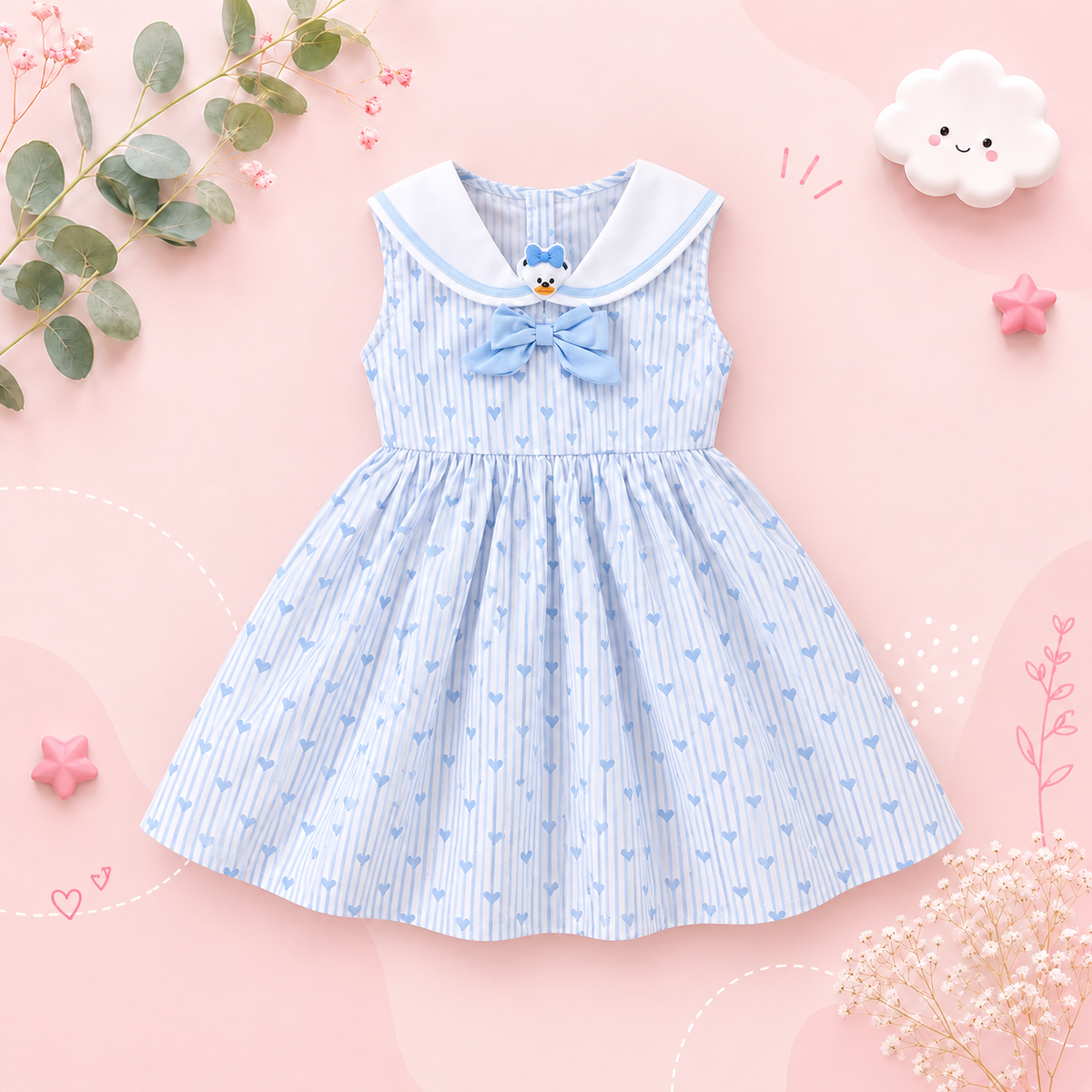 The Makenna - Girls Striped Heart Print Dress Cotton White Collar Summer Outfit 2-6Y