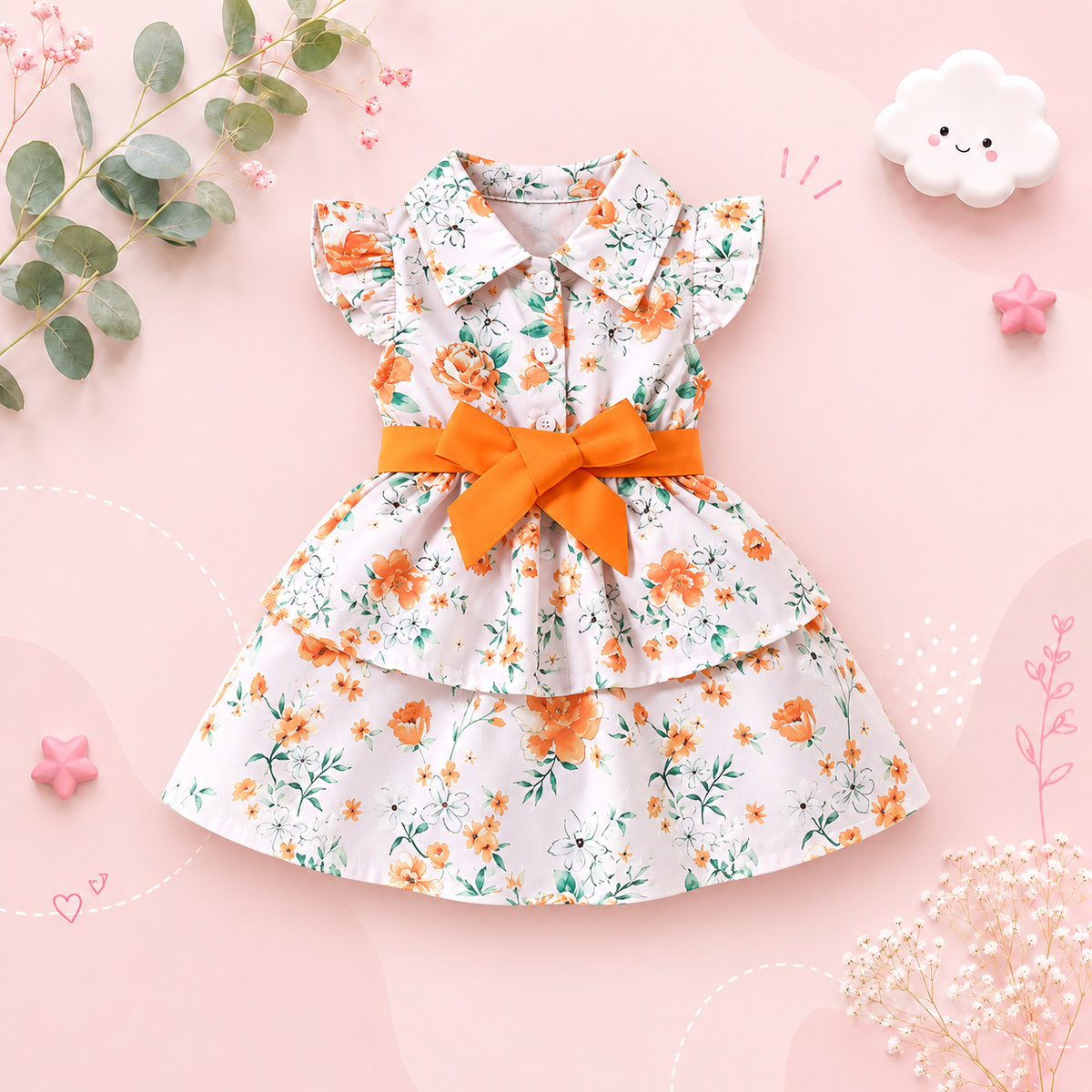 The Romy - Baby Girl Orange Floral Dress Green Leaf Print Fly Sleeve Belted Outfit