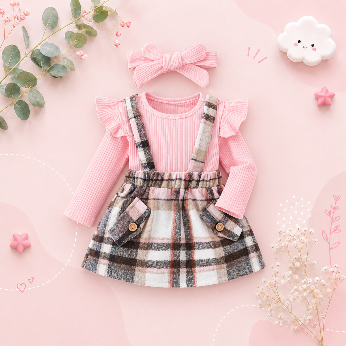 The Baylor - Girls Pink Long Sleeve Top Sling Dress Set Cute Casual Toddler Outfit