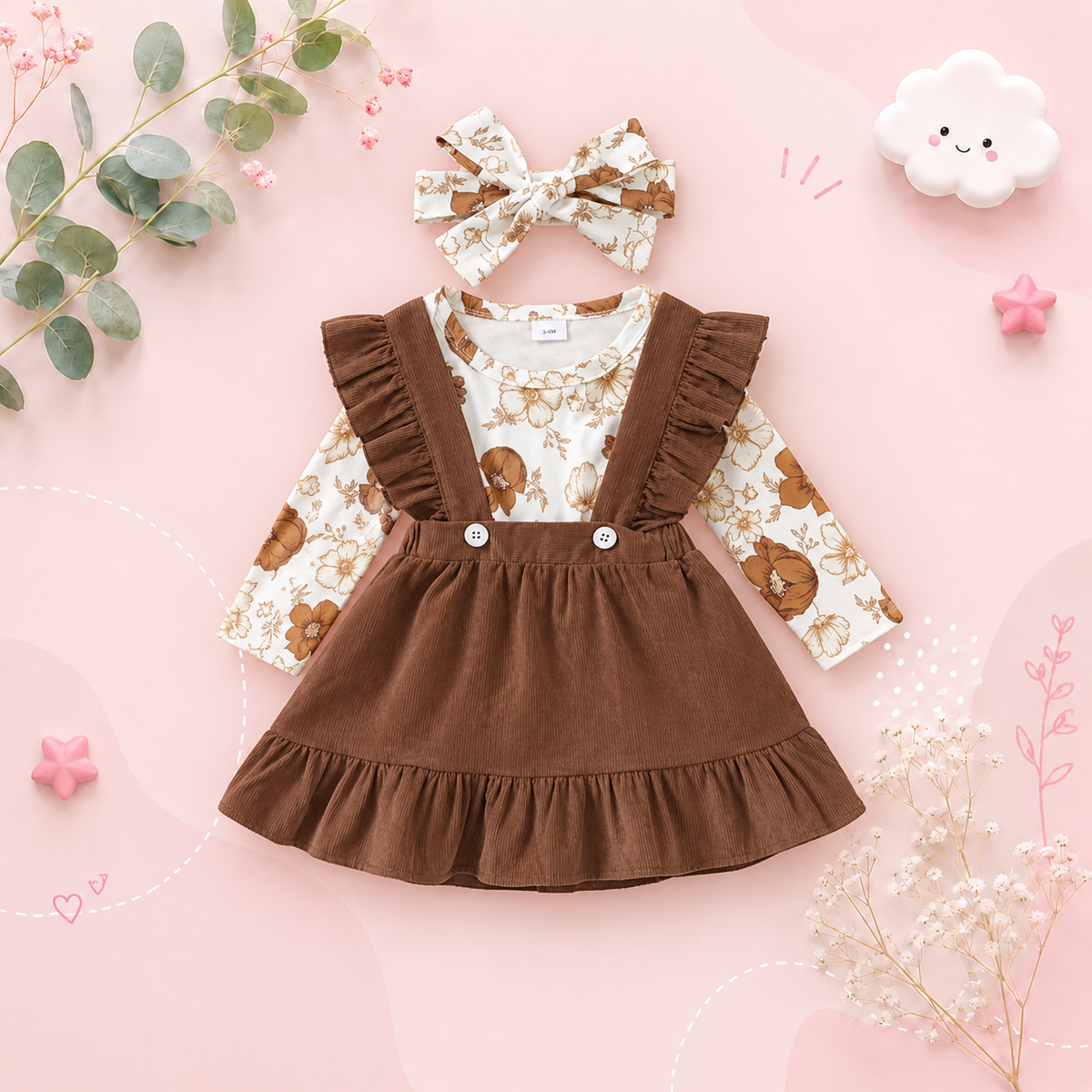 The Devan - Newborn Baby Girl Floral Romper Suspender Skirt 2PC Spring Autumn Outfit