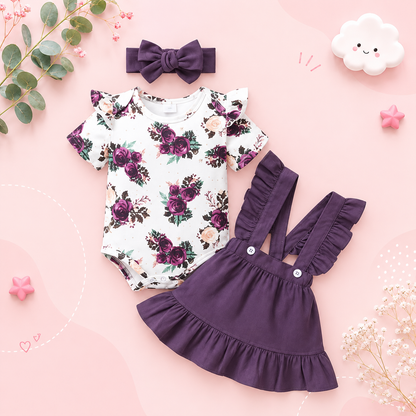 The Channing - Newborn Baby Girl 3PC Floral Romper Suspender Skirt & Headband Outfit