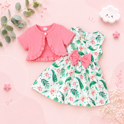 The Leilany - Baby Girl 2PC Floral Princess Dress & Short Sleeve Shawl Summer Outfit Set