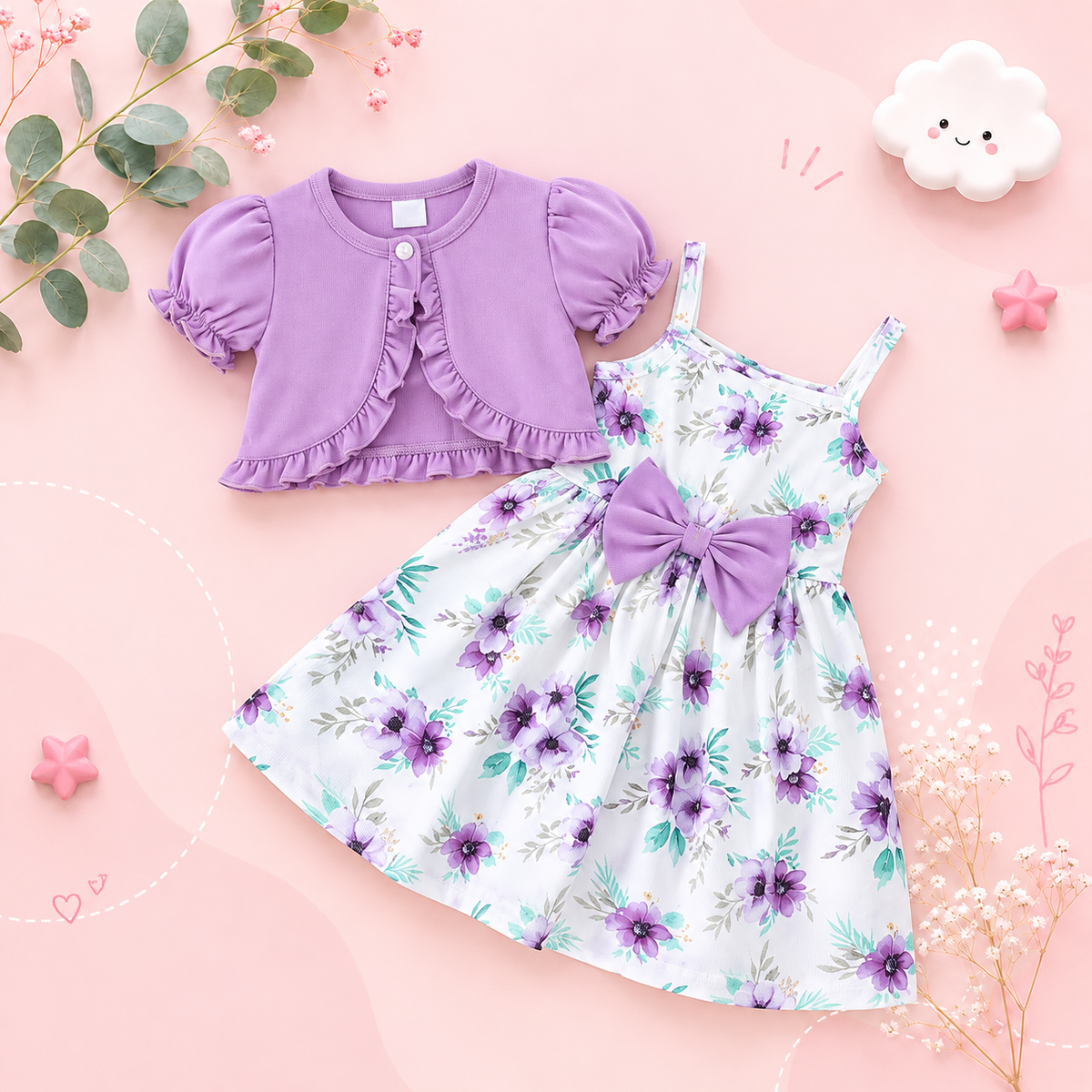 The Louisa - Baby Girl Purple Floral Suspender Dress & Ruffled Shawl 2PC Summer Outfit