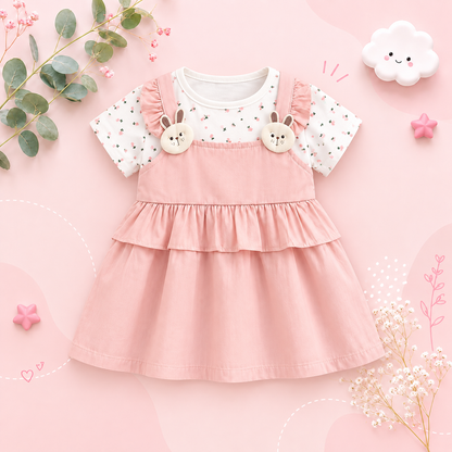 The Lara - Baby Girl Summer Floral Bunny Print Dress Cute Fake Two Piece Princess Outfit