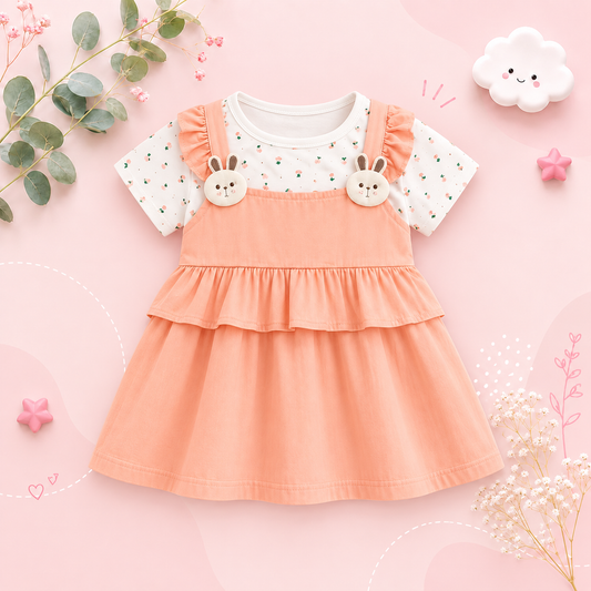 The Lara - Baby Girl Summer Floral Bunny Print Dress Cute Fake Two Piece Princess Outfit