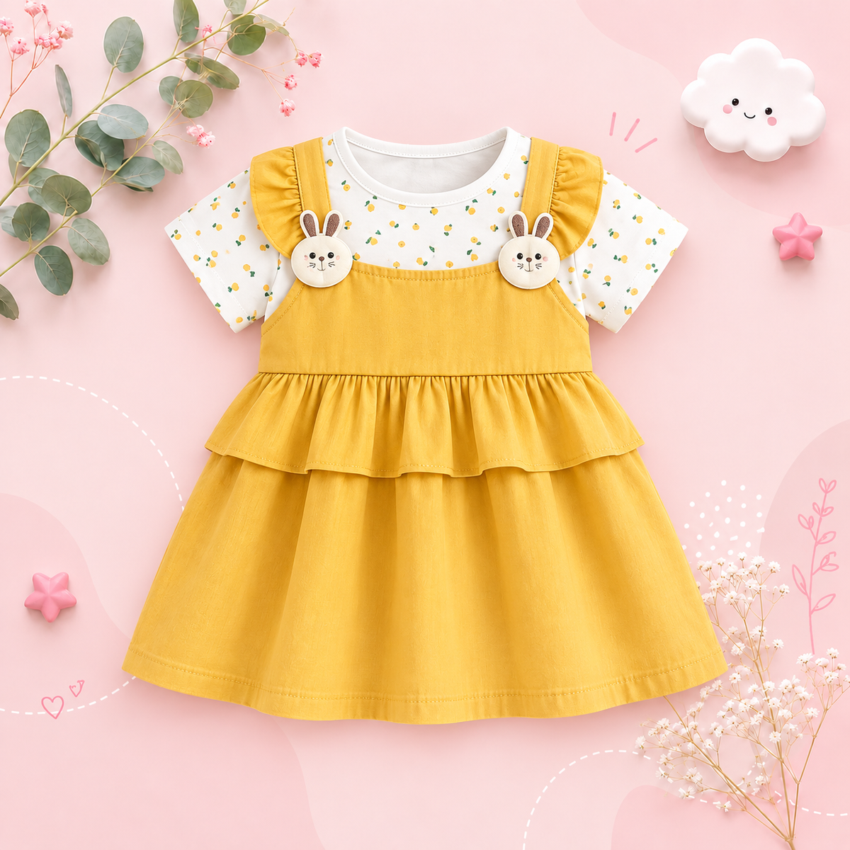 The Lara - Baby Girl Summer Floral Bunny Print Dress Cute Fake Two Piece Princess Outfit