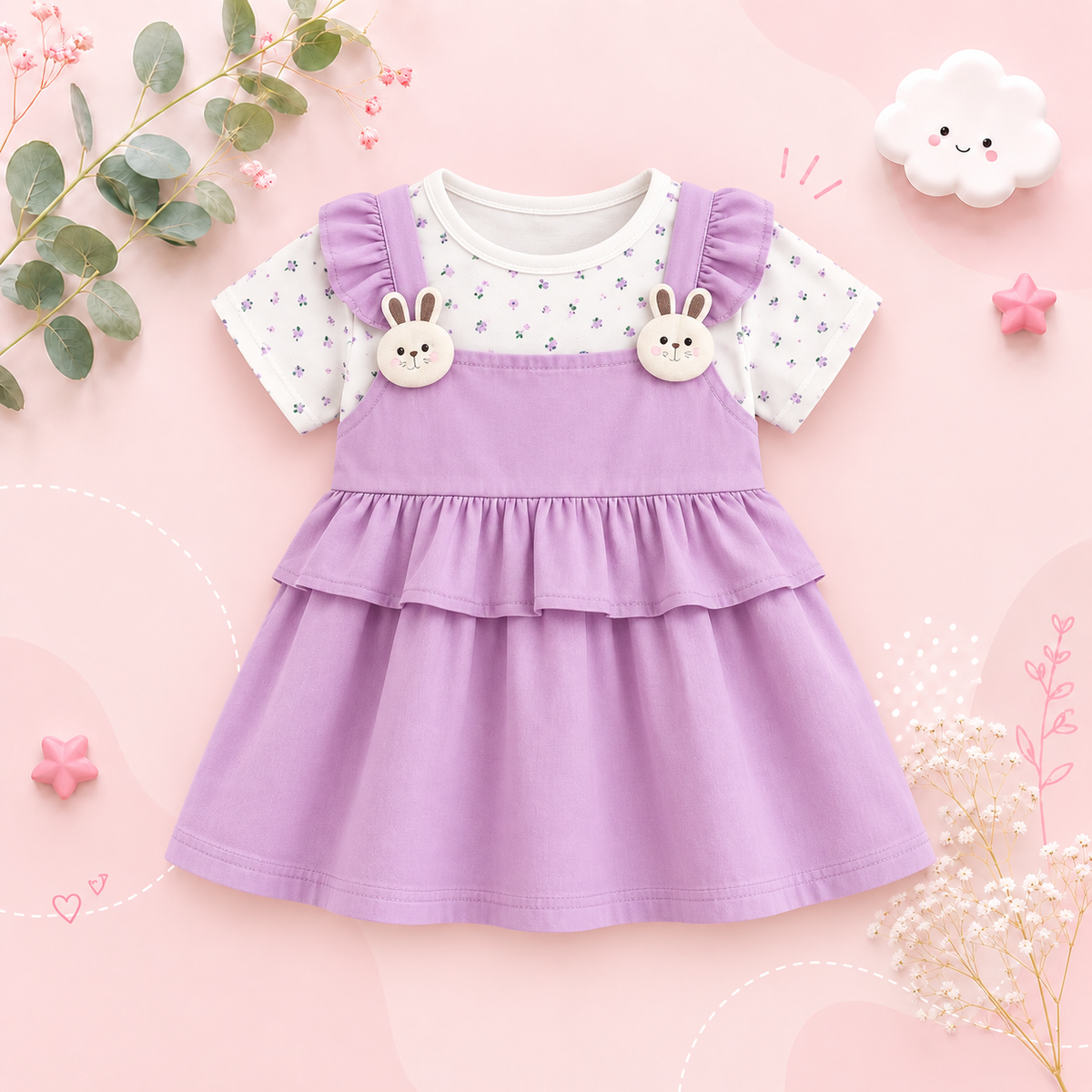 The Lara - Baby Girl Summer Floral Bunny Print Dress Cute Fake Two Piece Princess Outfit
