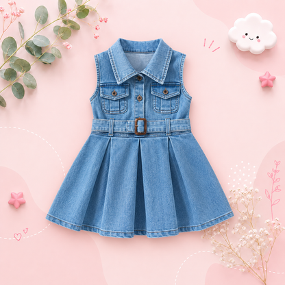The Kinley - Baby Girl Summer Denim Sleeveless Dress Cute Casual Toddler Girl Outfit