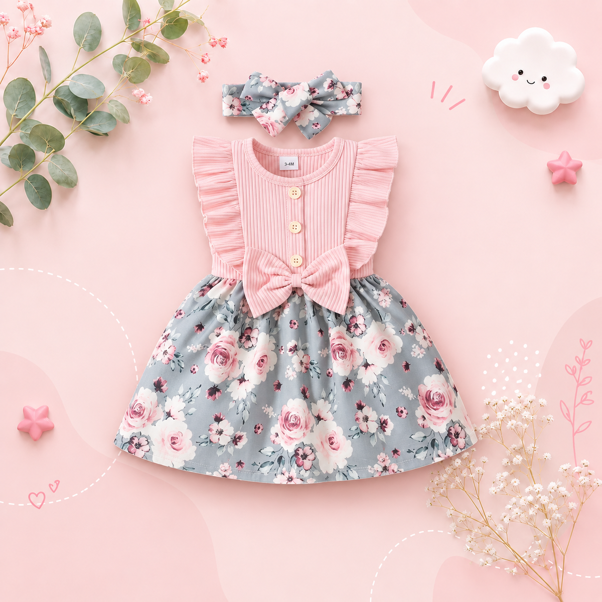 The Khaleesi - Girls Summer Cotton Dress Short Sleeve Round Neck Bow Headscarf Casual Outfit