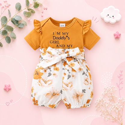 The Billie - Baby Girl Letter Print Jumpsuit Short Sleeve Belt Detail Summer Casual Outfit