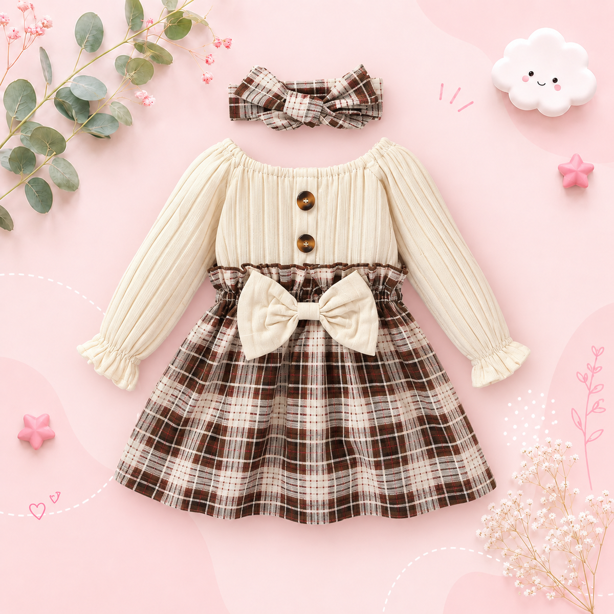 The Ember - Baby Girl  Long Sleeve With Bow Plaid Fashion Cute Dress