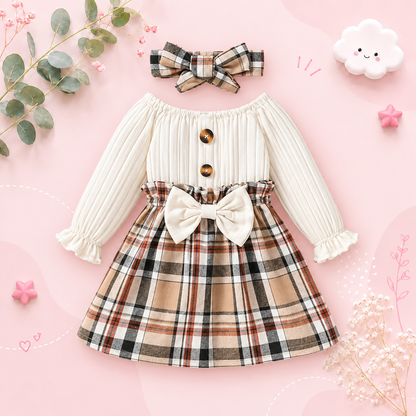 The Ember - Baby Girl  Long Sleeve With Bow Plaid Fashion Cute Dress