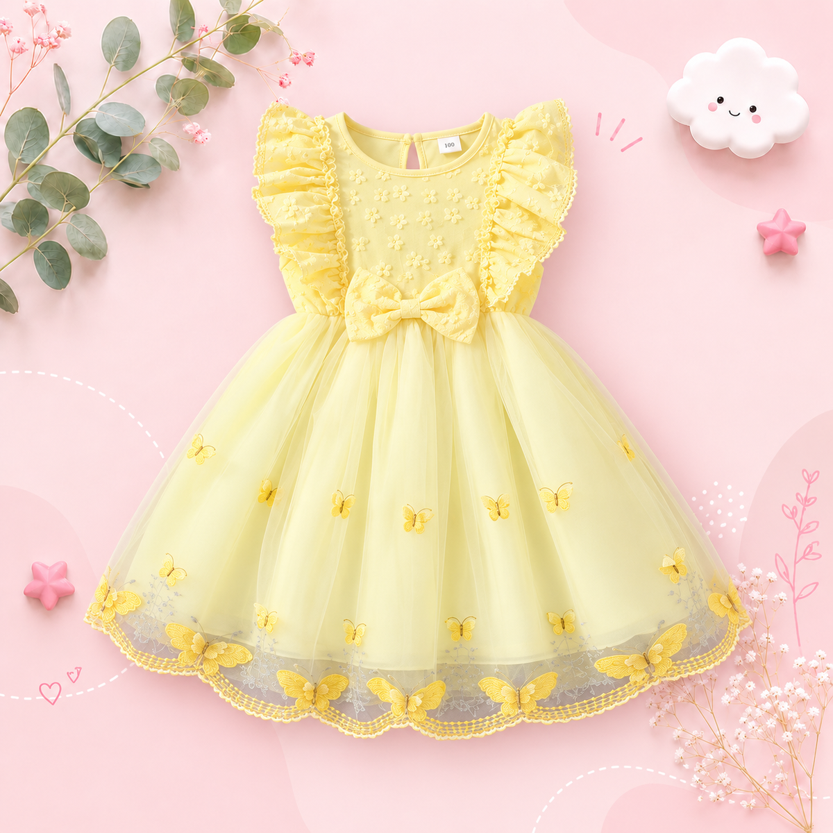 The Emberly - Girls Yellow Tulle Princess Dress O-Neck Fly Sleeve Bowknot Summer Outfit