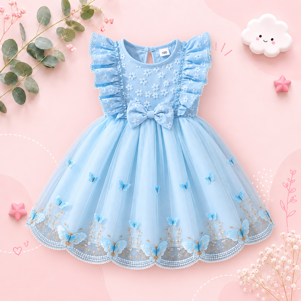The Emberly - Girls Yellow Tulle Princess Dress O-Neck Fly Sleeve Bowknot Summer Outfit