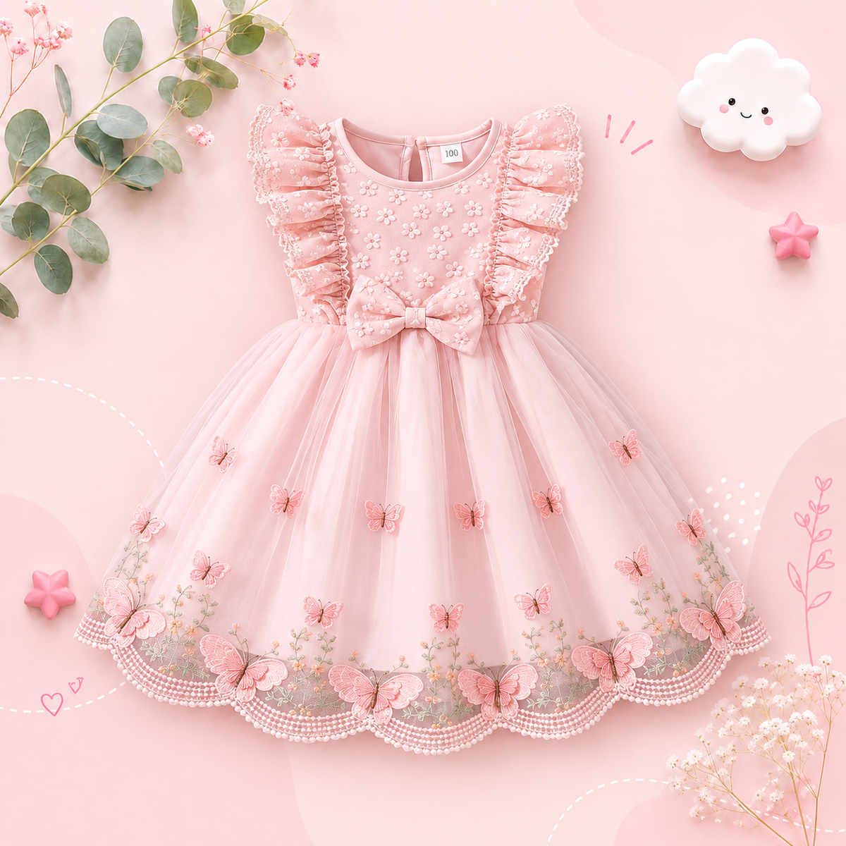 The Emberly - Girls Yellow Tulle Princess Dress O-Neck Fly Sleeve Bowknot Summer Outfit