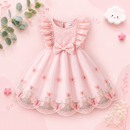 The Emberly - Girls Yellow Tulle Princess Dress O-Neck Fly Sleeve Bowknot Summer Outfit