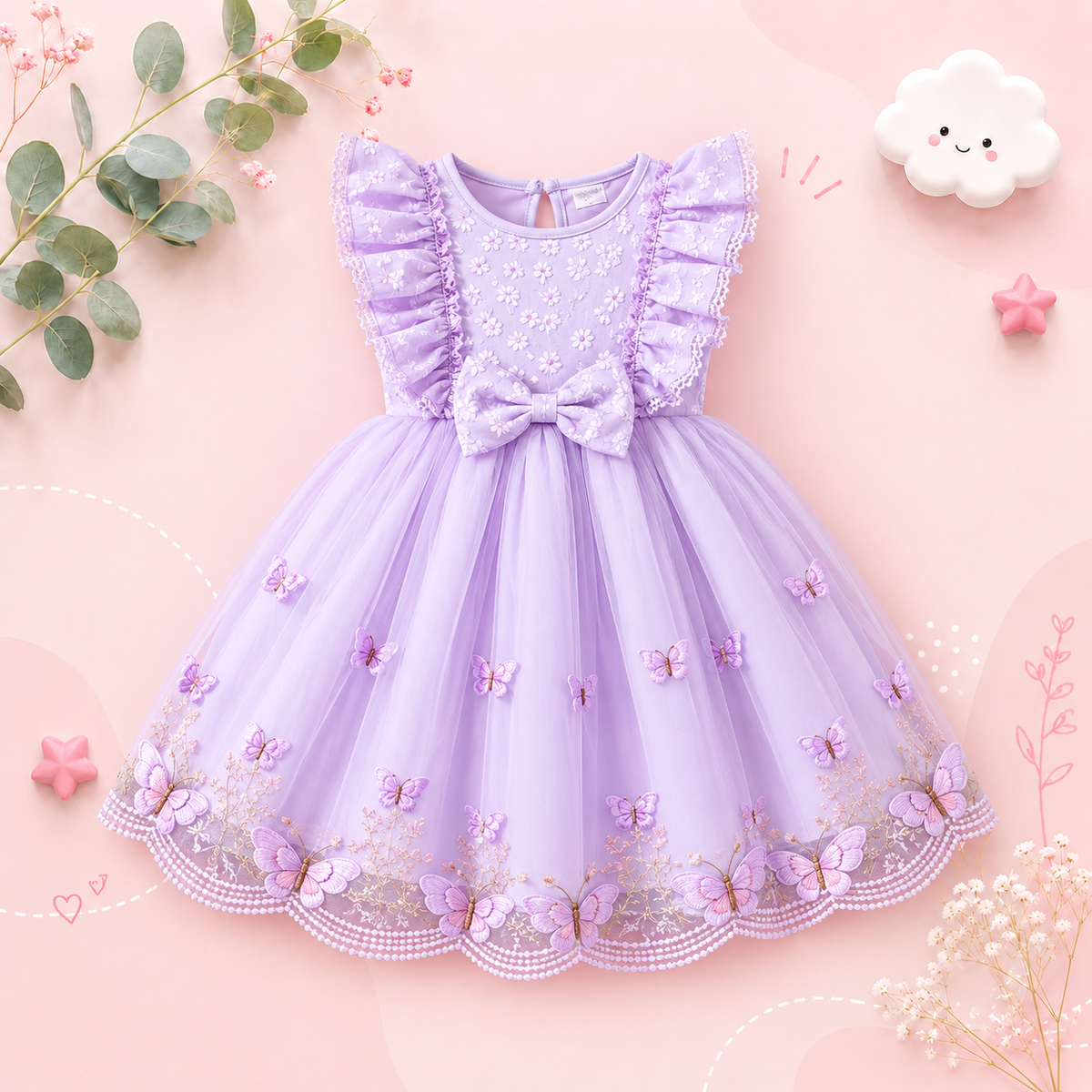 The Emberly - Girls Yellow Tulle Princess Dress O-Neck Fly Sleeve Bowknot Summer Outfit
