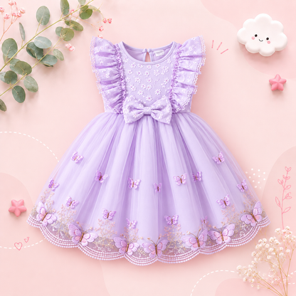 The Emberly - Girls Yellow Tulle Princess Dress O-Neck Fly Sleeve Bowknot Summer Outfit