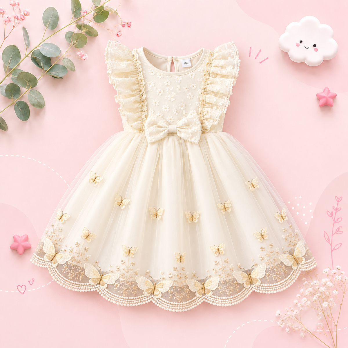 The Emberly - Girls Yellow Tulle Princess Dress O-Neck Fly Sleeve Bowknot Summer Outfit