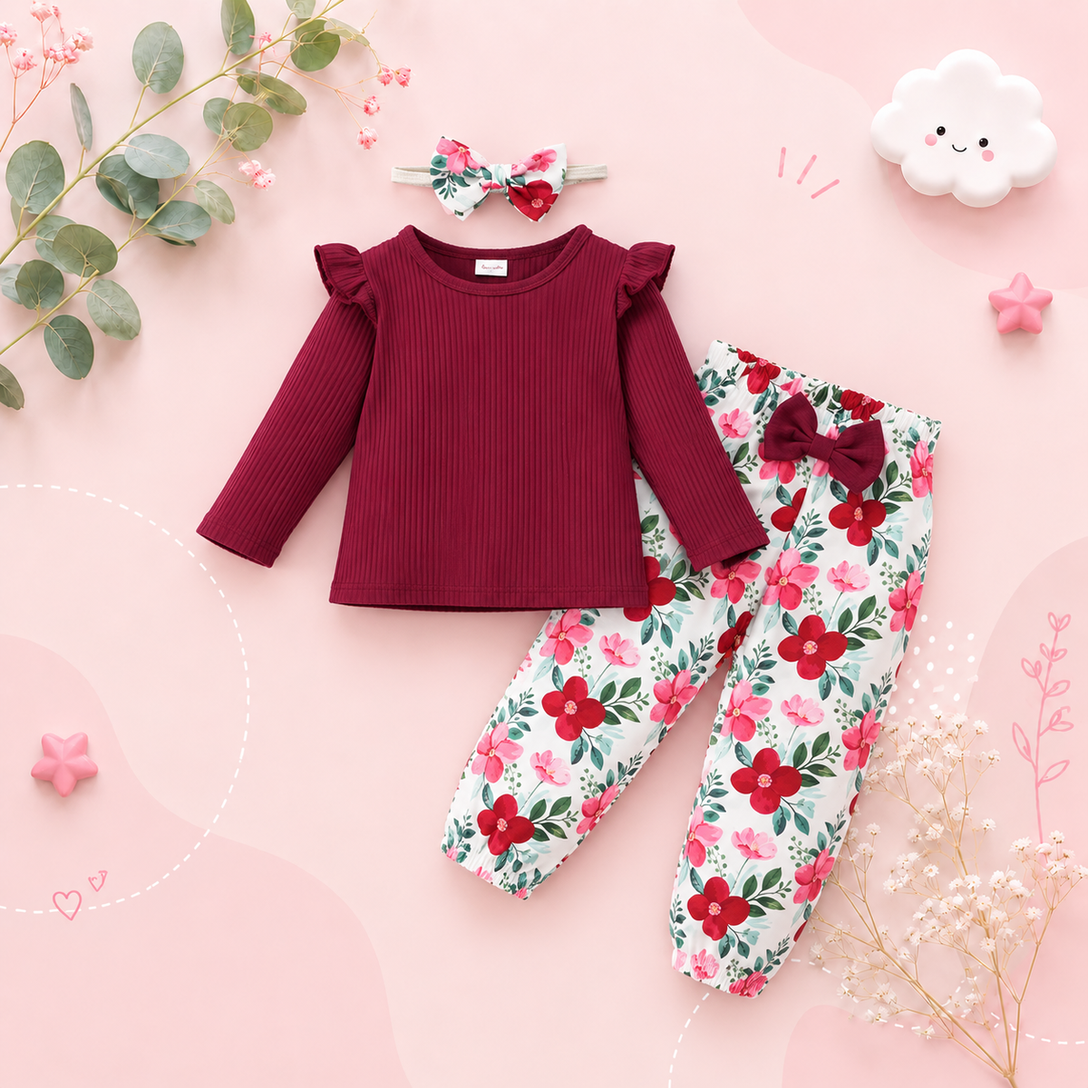 The Alondra - Infant Girl 3PCS Outfit Set Long Sleeve Top Pants & Headband Toddler Clothes