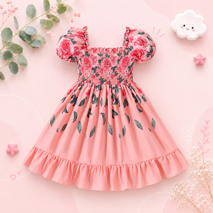 The Rosalina - Girls Pink Rose Print Summer Dress Casual Vacation Party Princess Outfit