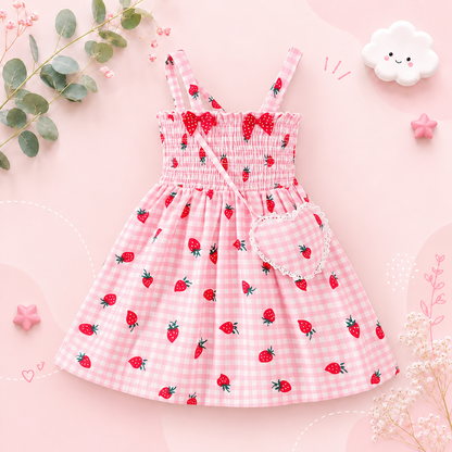 The Sasha - Girls Pink Strawberry Print Strap Dress Summer Casual Holiday Princess Dress