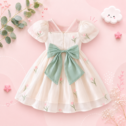 The Chana - Girls Summer Mesh Flower Embroidered Dress Bubble Sleeve Princess Outfit