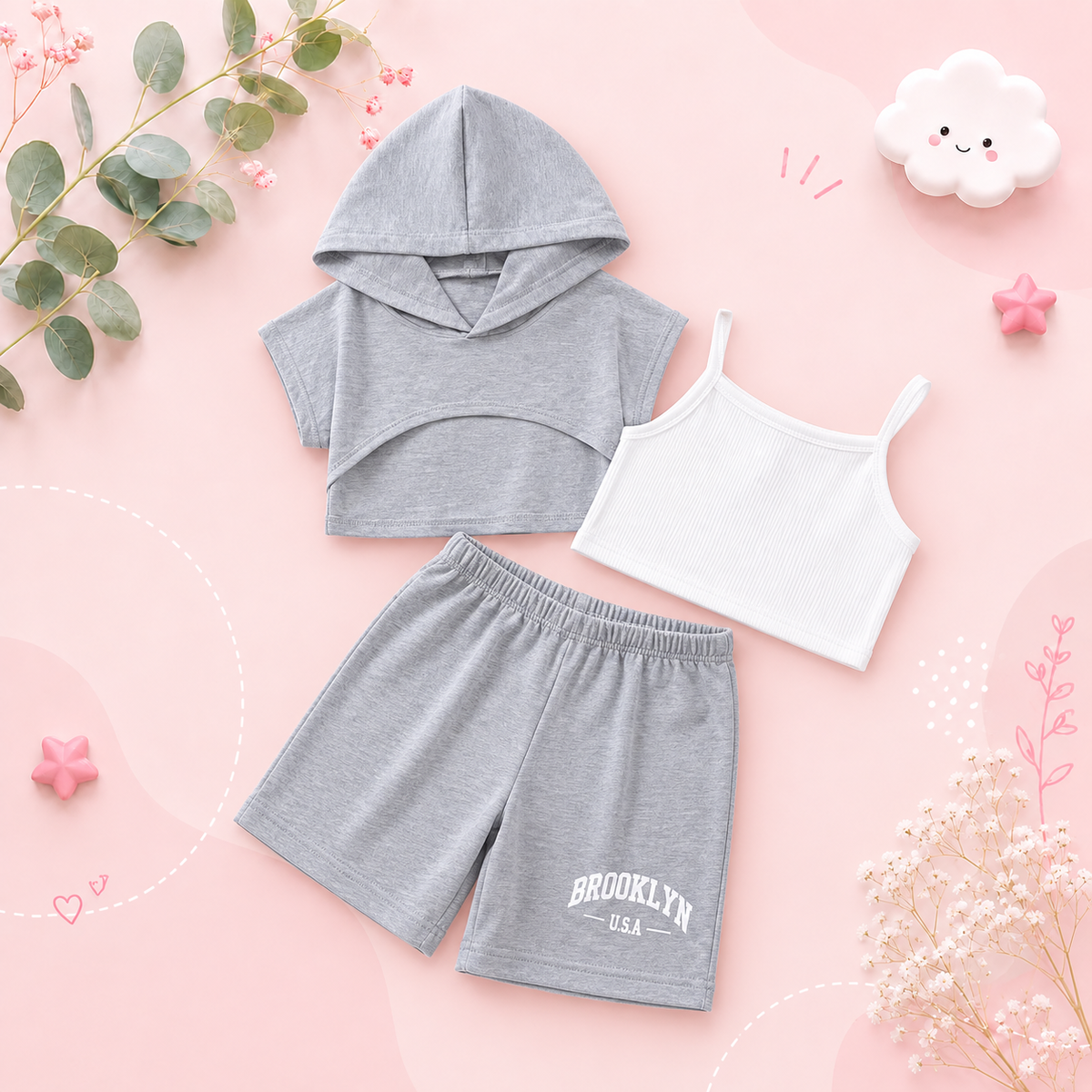 The Aliza - Girls Summer 3PCS Hoodie, Tank Top & Shorts Comfortable Clothing Set
