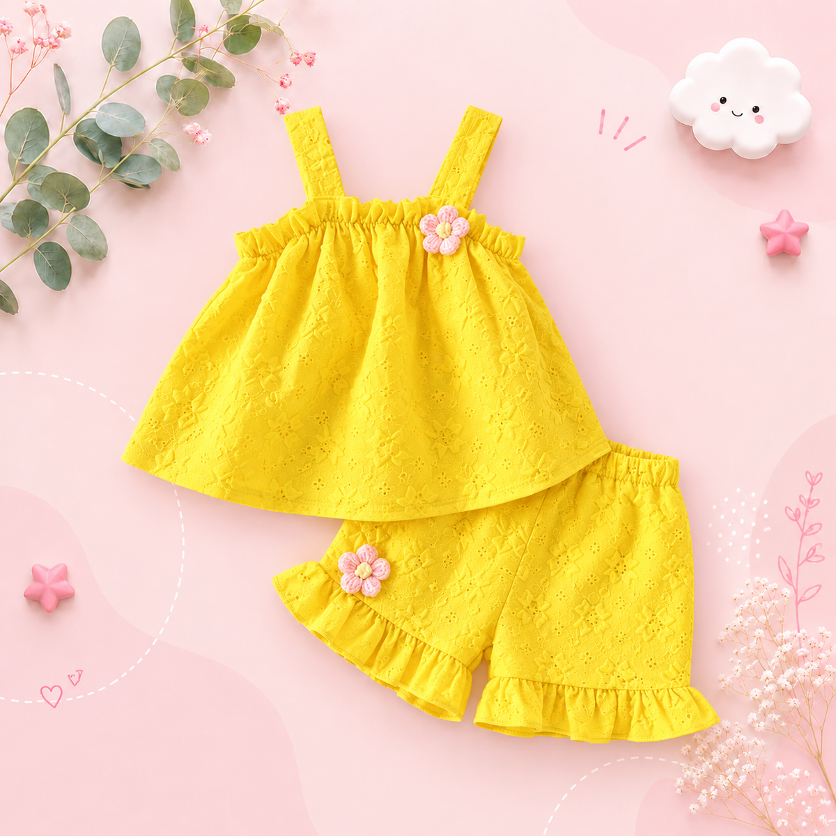 The Lillie - Girls Yellow Jacquard Floral Top & Ruffle Shorts Summer Clothing Set